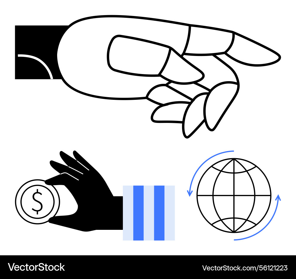 Robotic hand with coin and globe symbolizing vector image
