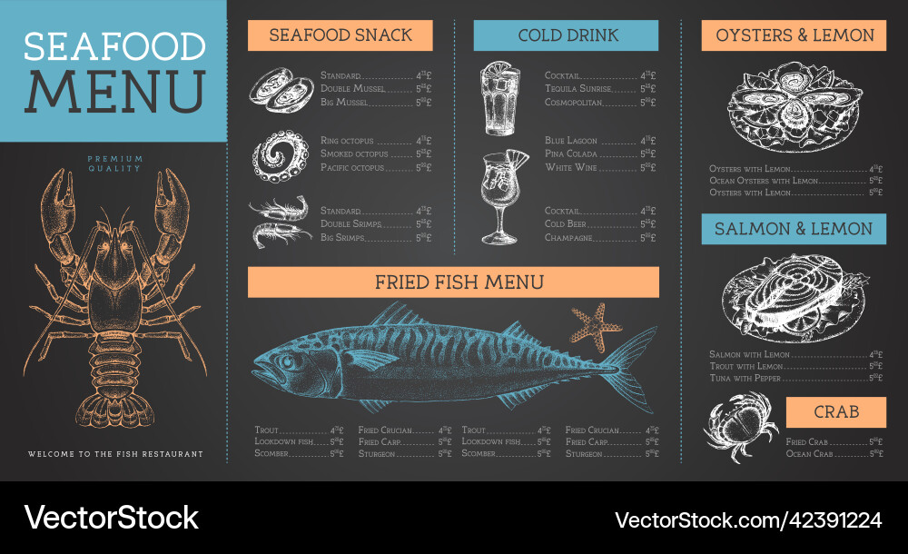 Chalk drawing seafood restaurant menu design Chalk drawing seafood restaurant menu design vector image