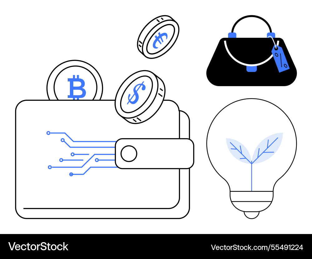 Digital wallet with blockchain coins designer bag Digital wallet with blockchain coins designer bag vector image