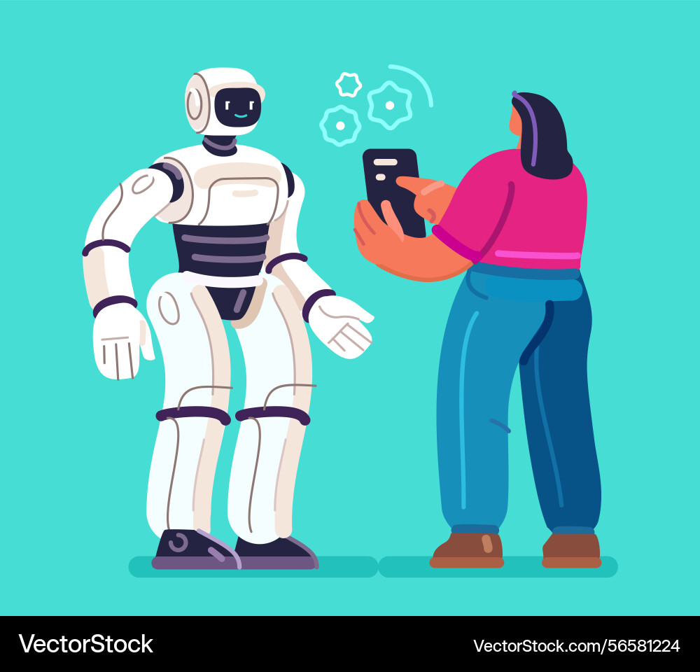 Robot assistant and human robotics engineering Robot assistant and human robotics engineering vector image