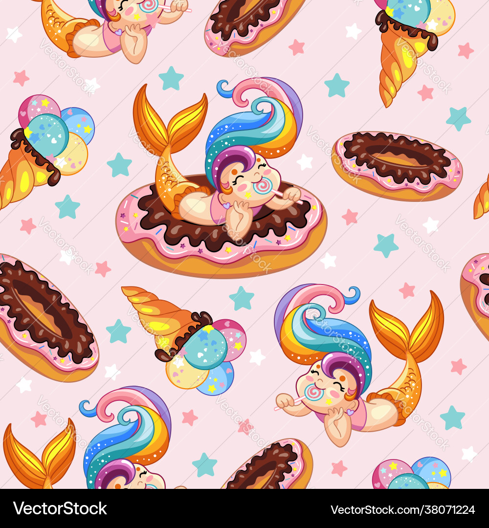 Seamless pattern cute mermaid on a doughnut Seamless pattern cute mermaid on a doughnut vector image