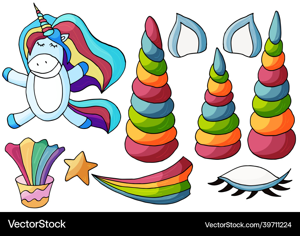 Set of unicorn design elements in hand draw style Set of unicorn design elements in hand draw style vector image