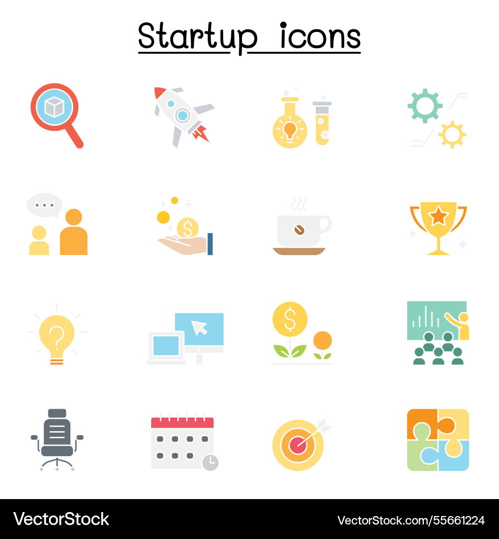 Startup icon set in flat color style Startup icon set in flat color style vector image