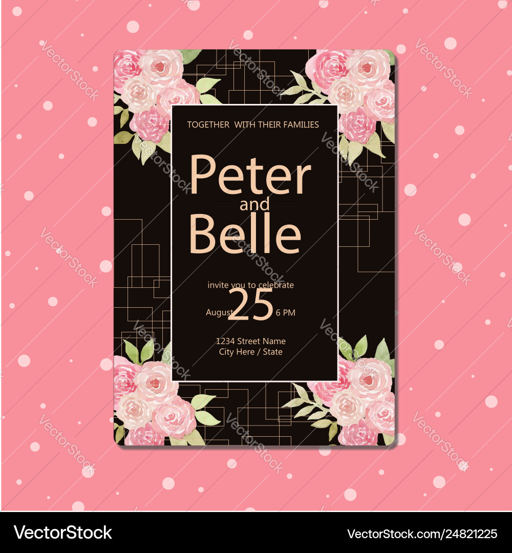 Black floral wedding invitation with pink roses Black floral wedding invitation with pink roses vector image