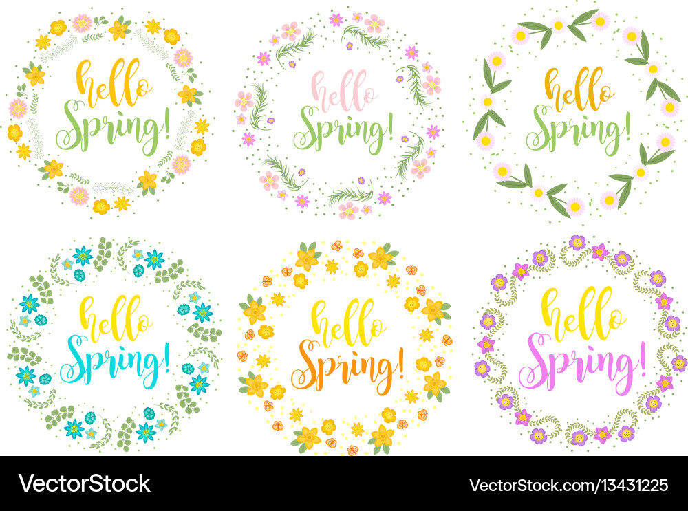 Hello spring set floral frame for text isolated Hello spring set floral frame for text isolated vector image