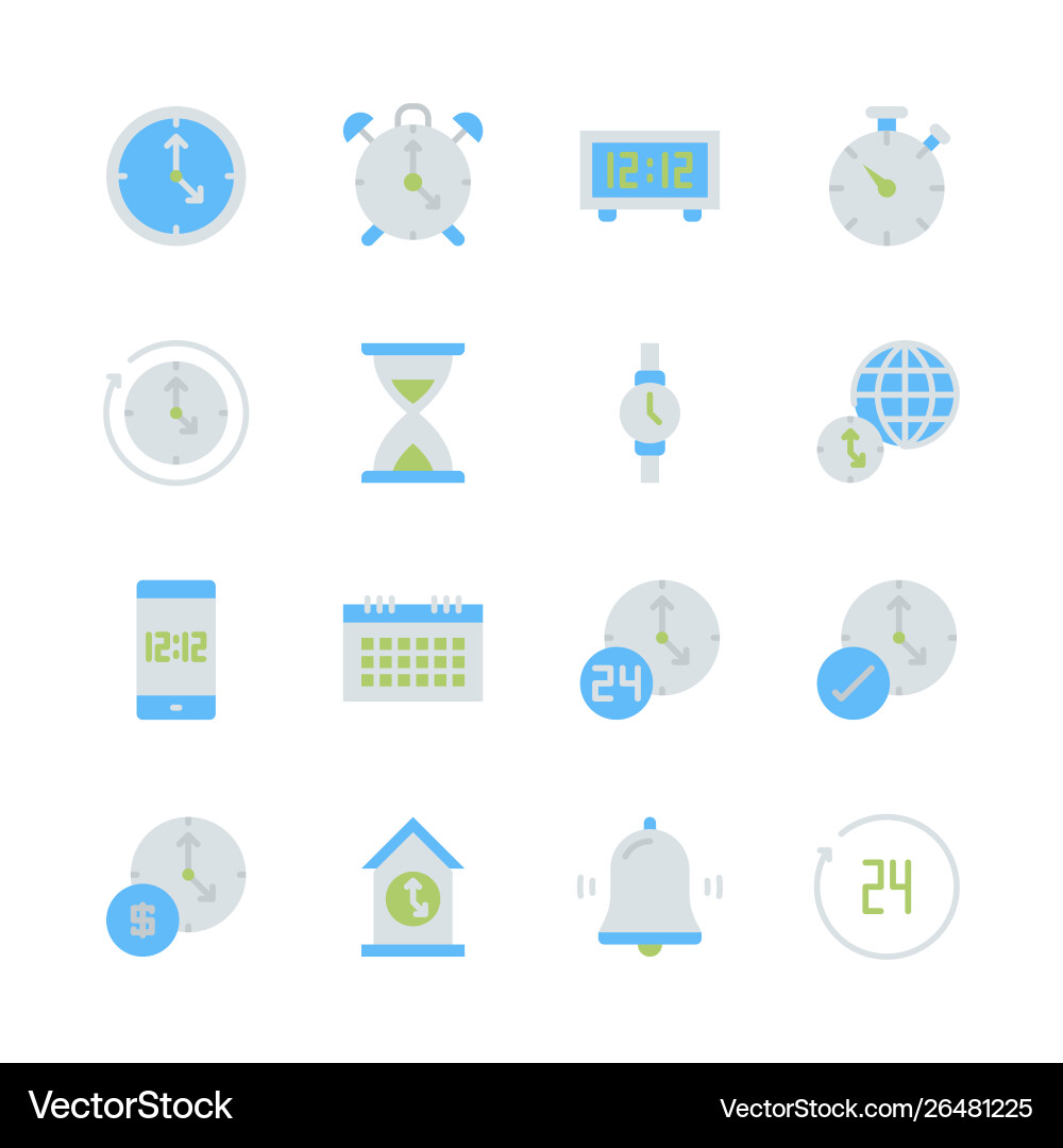 Time and clock in flat icon set design Time and clock in flat icon set design Vector Image
