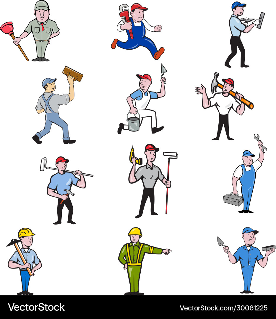 Tradesman industrial worker cartoon full body set Tradesman industrial worker cartoon full body set vector image