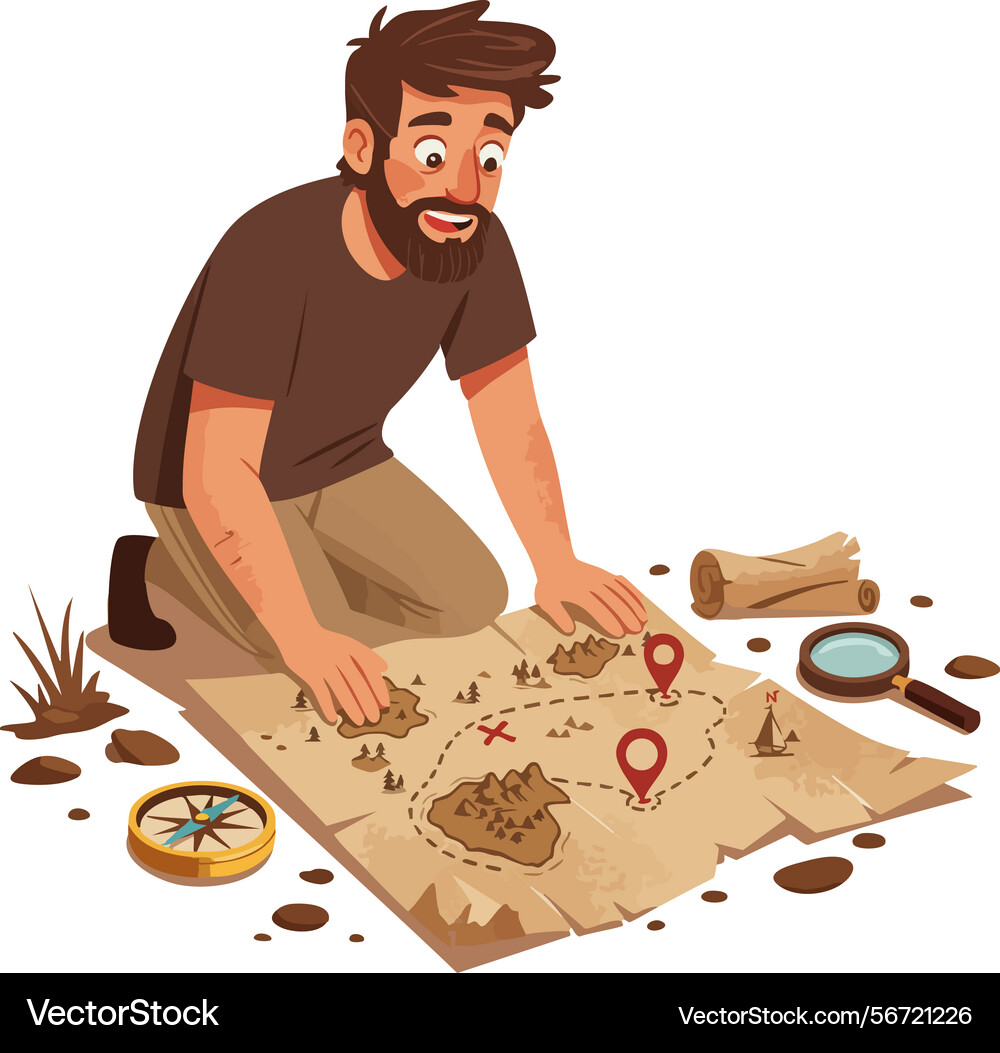 Man exploring treasure map with compass Man exploring treasure map with compass vector image