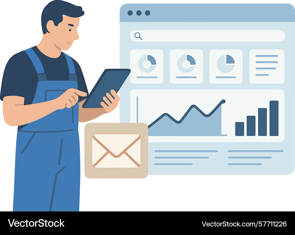 Man using tablet with dashboard statistics Man using tablet with dashboard statistics vector image
