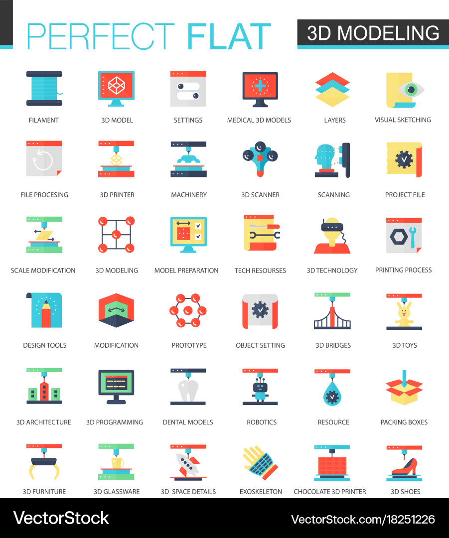 Set of flat 3d printing and modeling icons vector image