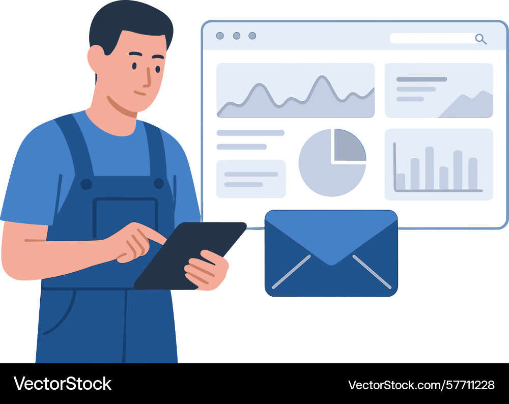 Man using tablet for data analysis near web page Man using tablet for data analysis near web page vector image