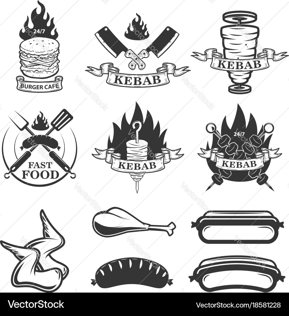 Set of fast food emblems and design elements vector image