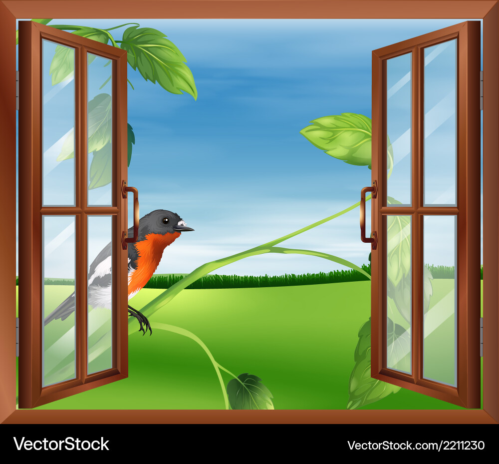 An open window with a view of the bird outside vector image