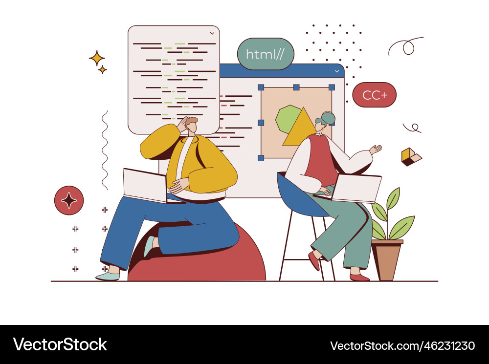 Developers team concept with character situation Developers team concept with character situation Vector Image