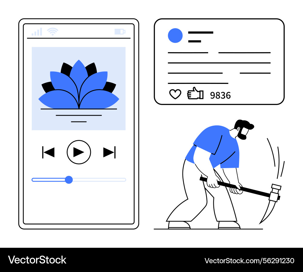 Music app interface with user engaging in digital Music app interface with user engaging in digital vector image