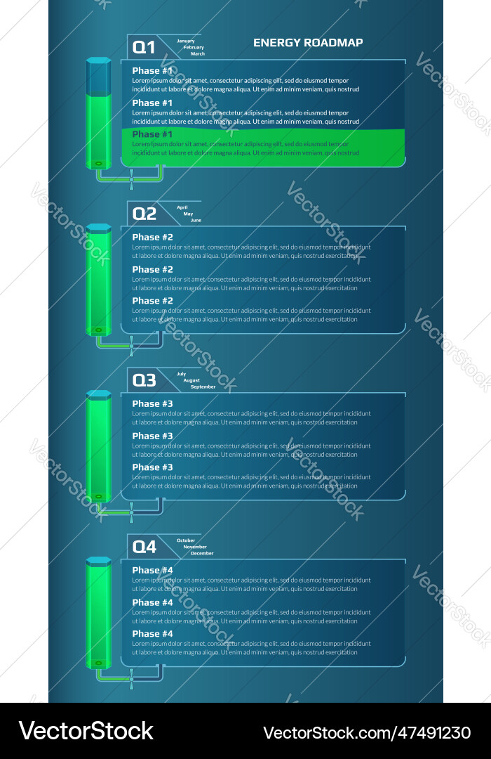 Vertical roadmap for game project with energy Vertical roadmap for game project with energy vector image