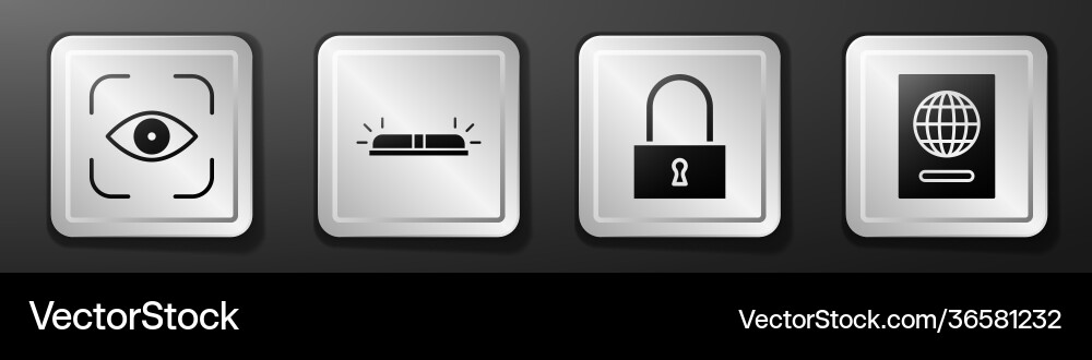 Set eye scan flasher siren lock and passport Set eye scan flasher siren lock and passport Vector Image