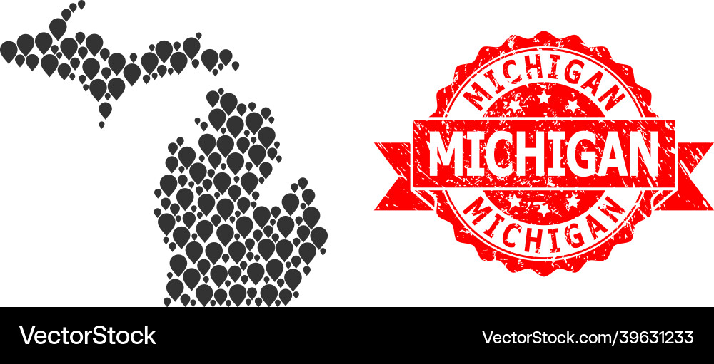 Scratched michigan stamp and pointer mosaic map Scratched michigan stamp and pointer mosaic map vector image