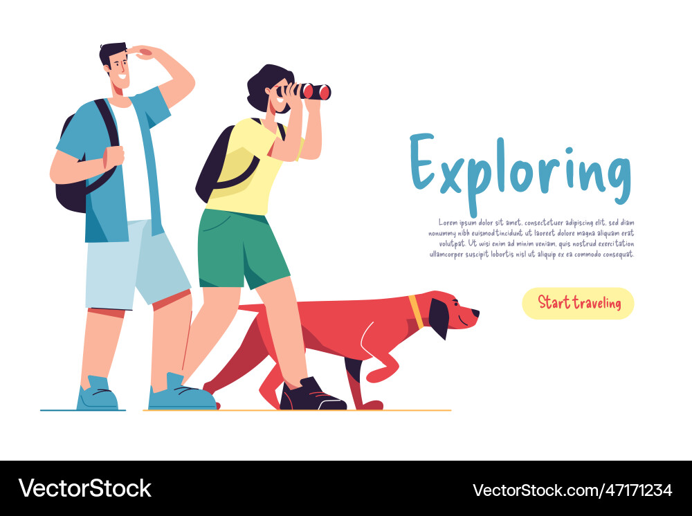 Couple of tourists travelers and their dog saw Couple of tourists travelers and their dog saw Vector Image