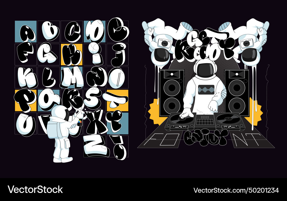 Get ready space party font set vector image
