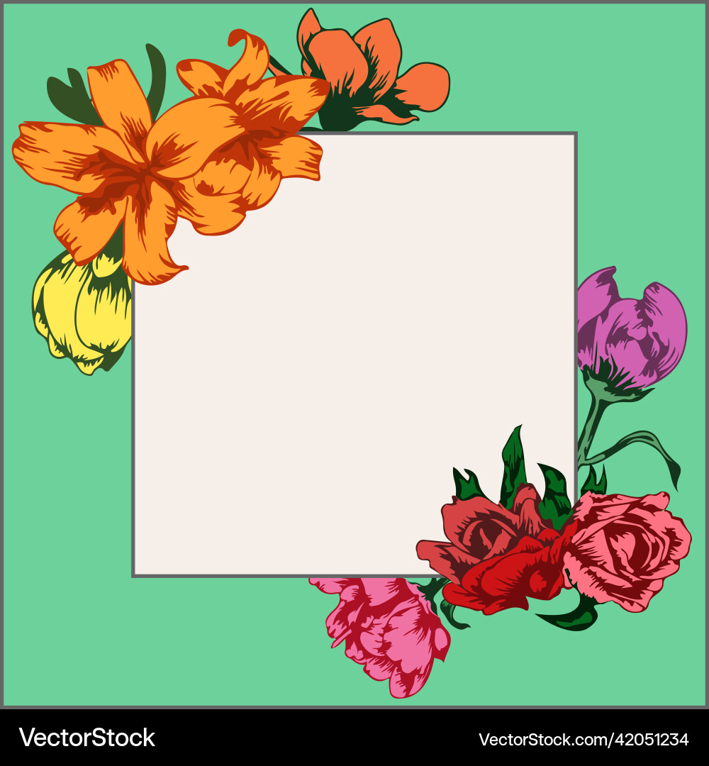 Greeting card with frame text box and flowers Greeting card with frame text box and flowers vector image
