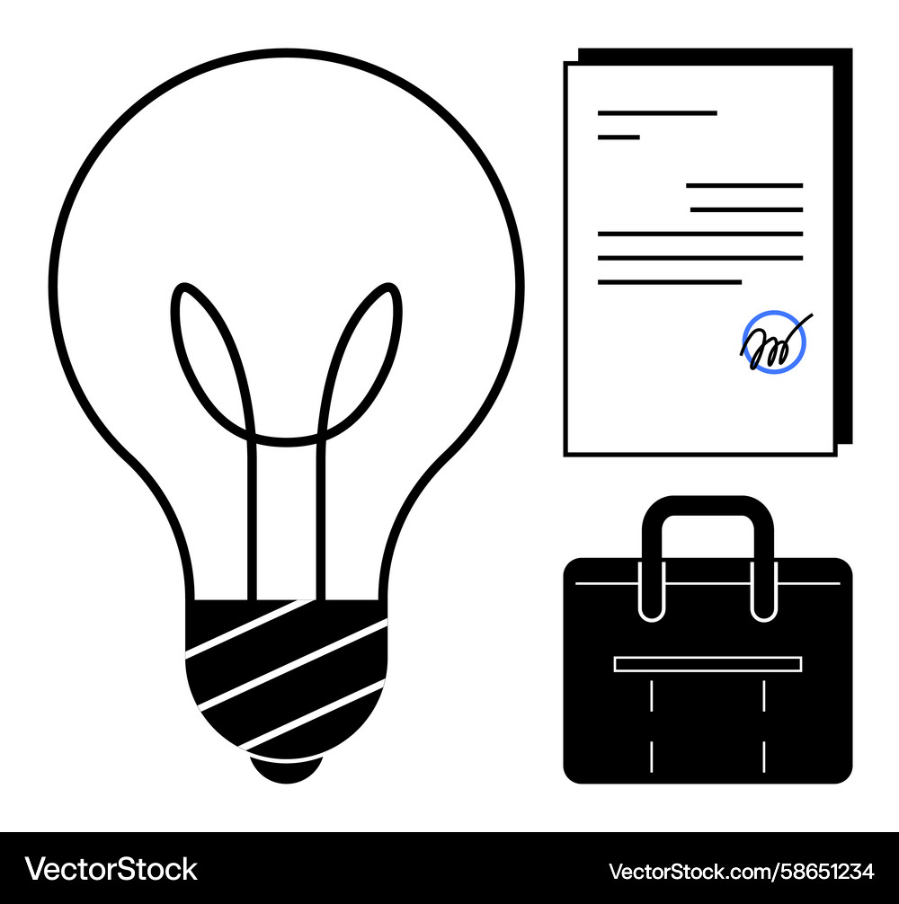 Lightbulb signed document and briefcase Lightbulb signed document and briefcase Vector Image