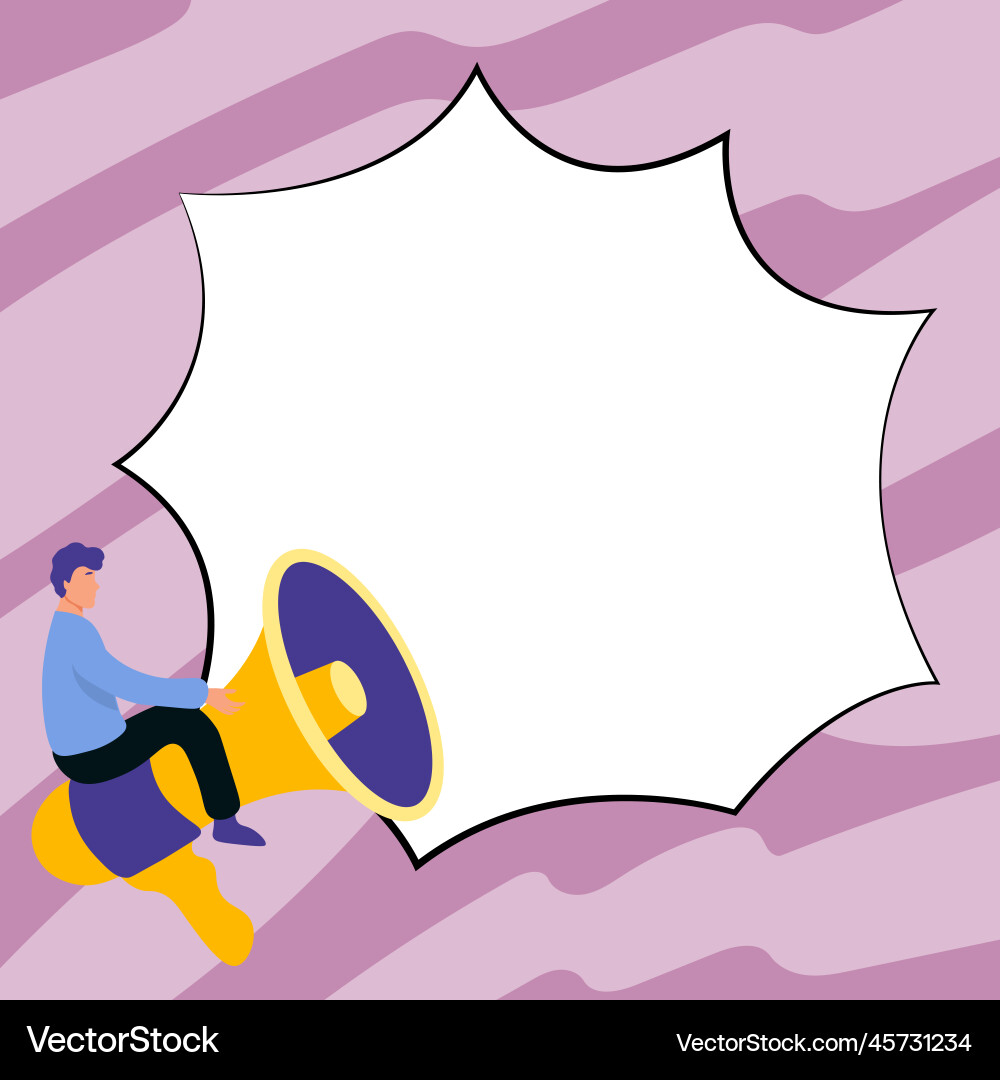 Man sitting on megaphone big empty dialog bubble Man sitting on megaphone big empty dialog bubble Vector Image