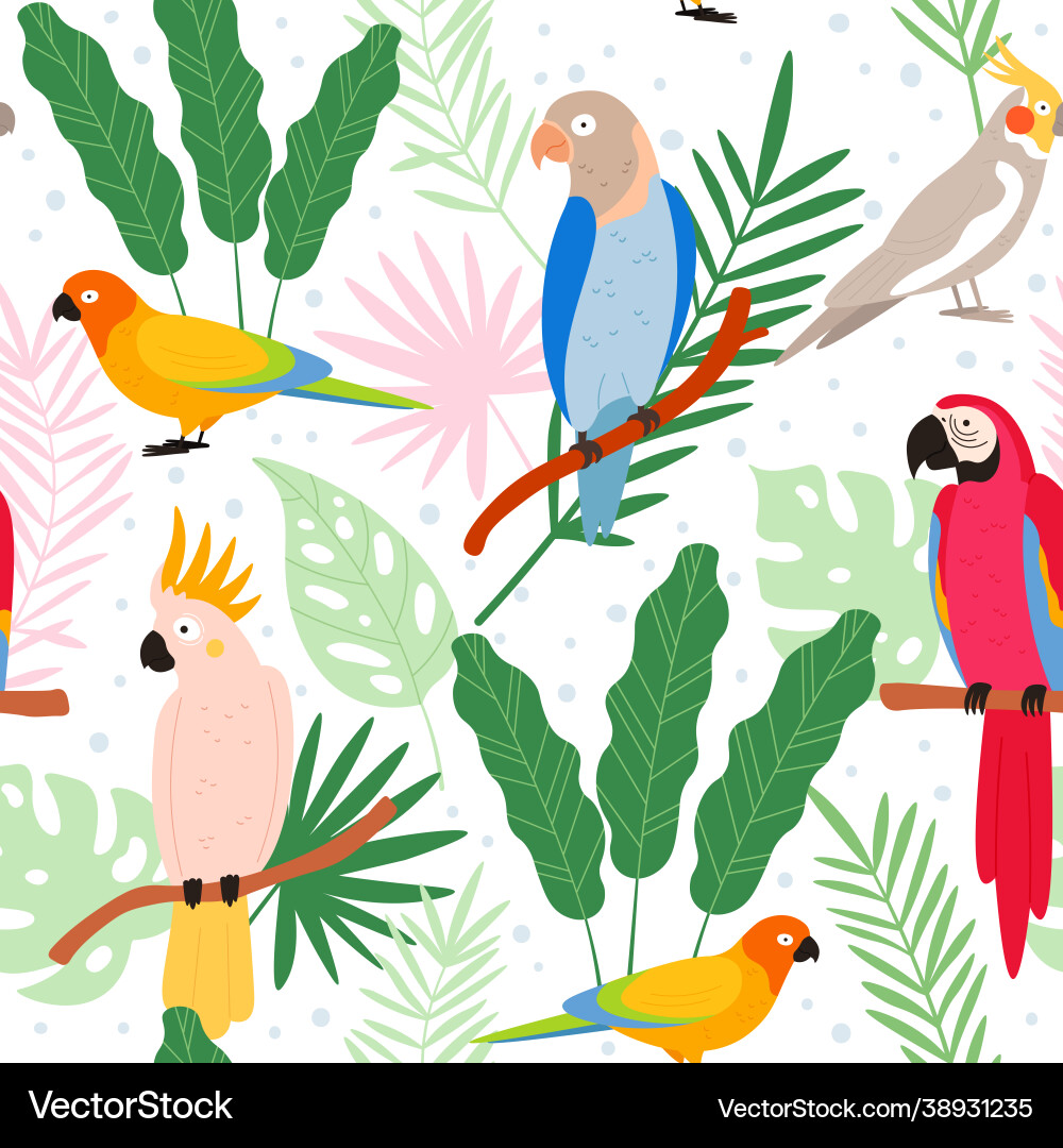 Colorful cartoon exotic parrots and tropical Colorful cartoon exotic parrots and tropical vector image