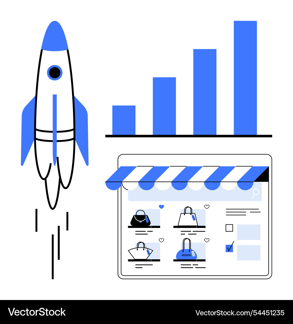 Launch of an e-commerce platform with rocket Launch of an e-commerce platform with rocket Vector Image