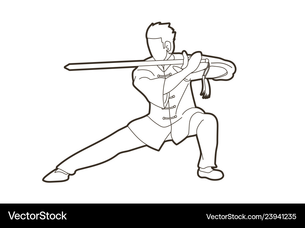 Man with sword action kung fu pose graphic Man with sword action kung fu pose graphic vector image