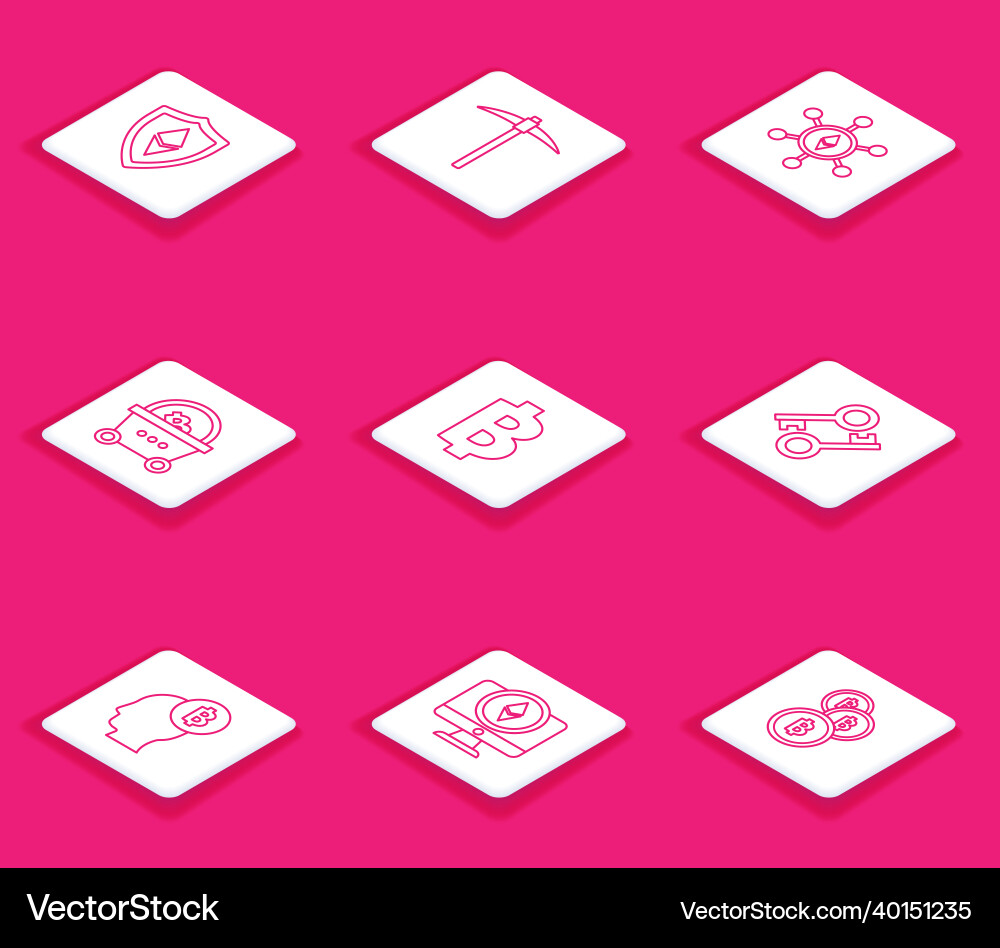 Set line shield ethereum eth pickaxe blockchain Vector Image
