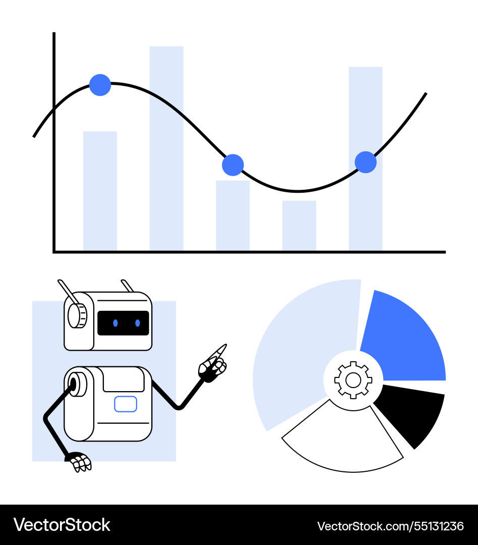 Robot analyzing data charts with bar graph and pie Robot analyzing data charts with bar graph and pie vector image