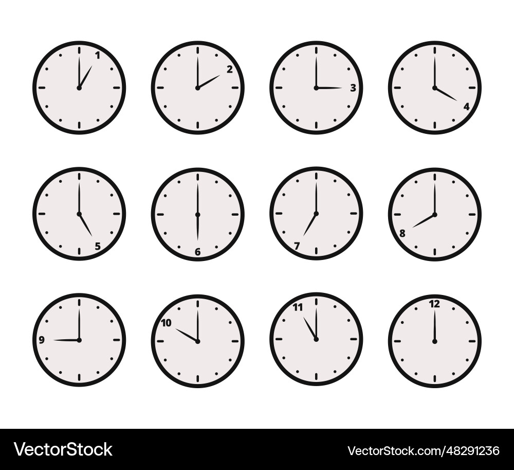 Set of analog clock icon for every hour or 12 Set of analog clock icon for every hour or 12 vector image