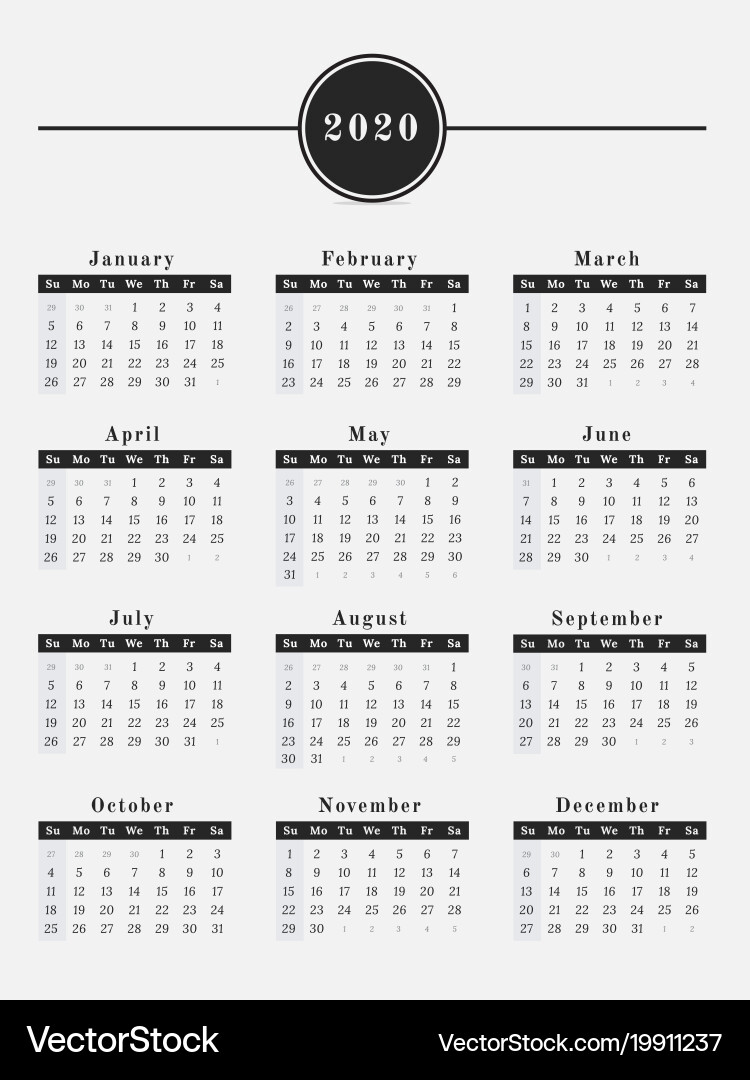 2020 Calendar - Vertical Layout Vector Image