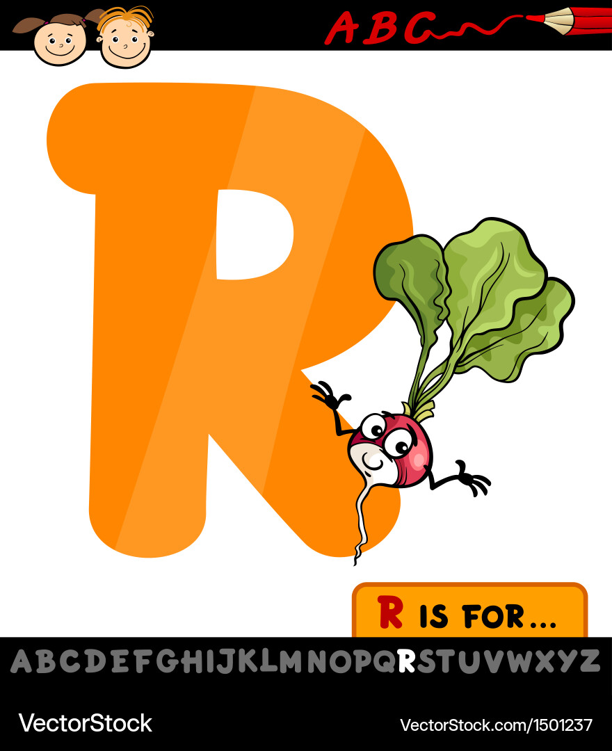 Letter r with radish cartoon Royalty Free Vector Image