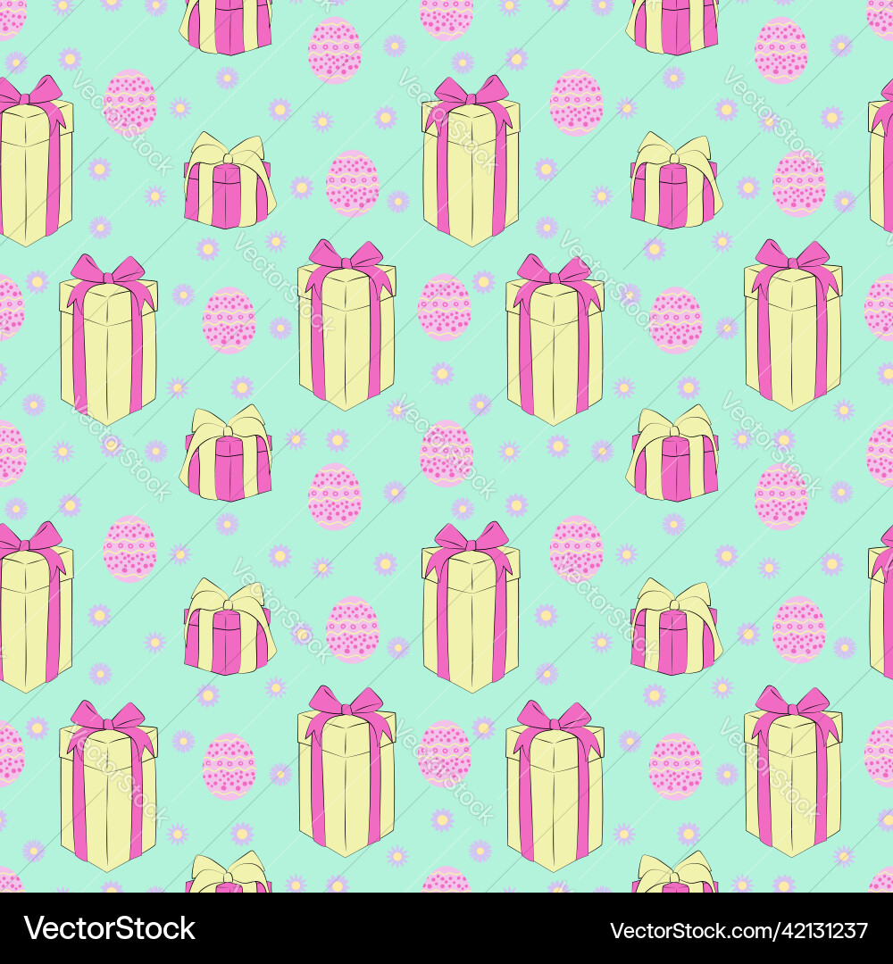 Set of gift seamless patterns with boxes bows Set of gift seamless patterns with boxes bows vector image