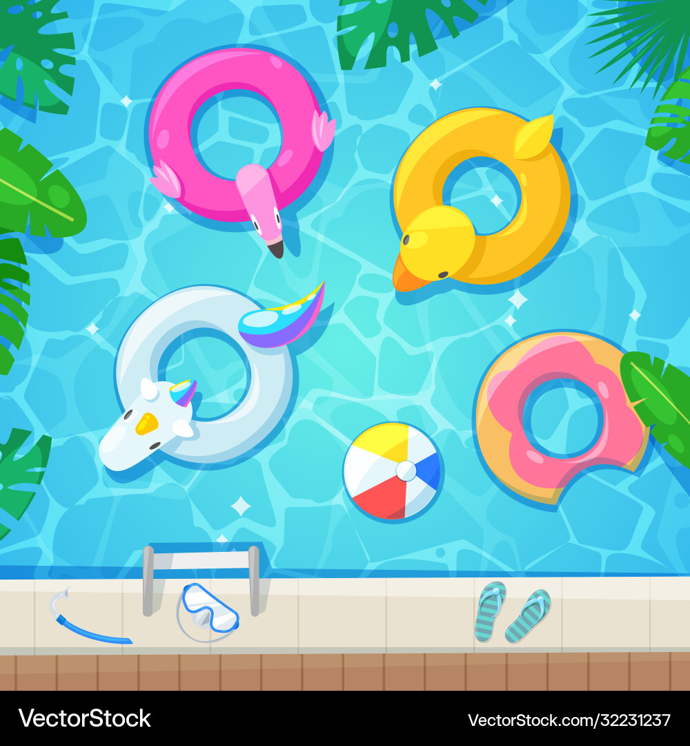 Swimming pool with colorful floats top view Swimming pool with colorful floats top view vector image