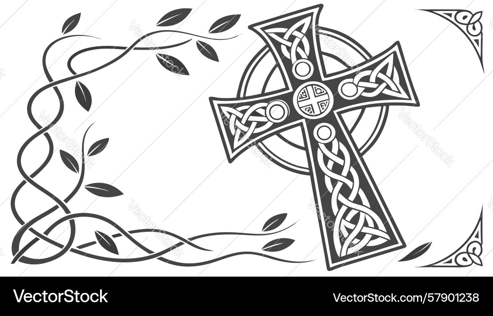 Celtic cross with ornate vine and leaf patterns Vector Image