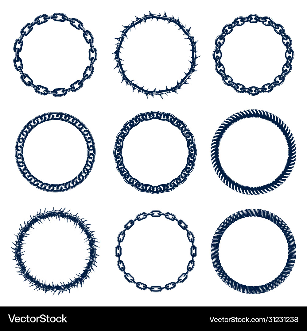Round frames from chain thorn and rope design Round frames from chain thorn and rope design vector image