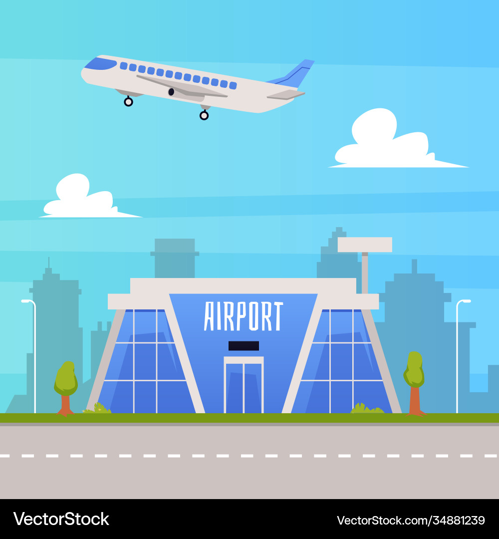 Background with air terminal building and runway Vector Image