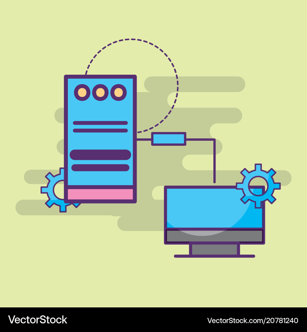 Computer data server tower copying information vector image