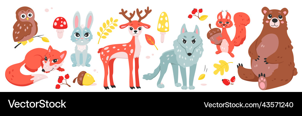 Cute wild animals and birds set forest characters Cute wild animals and birds set forest characters Vector Image