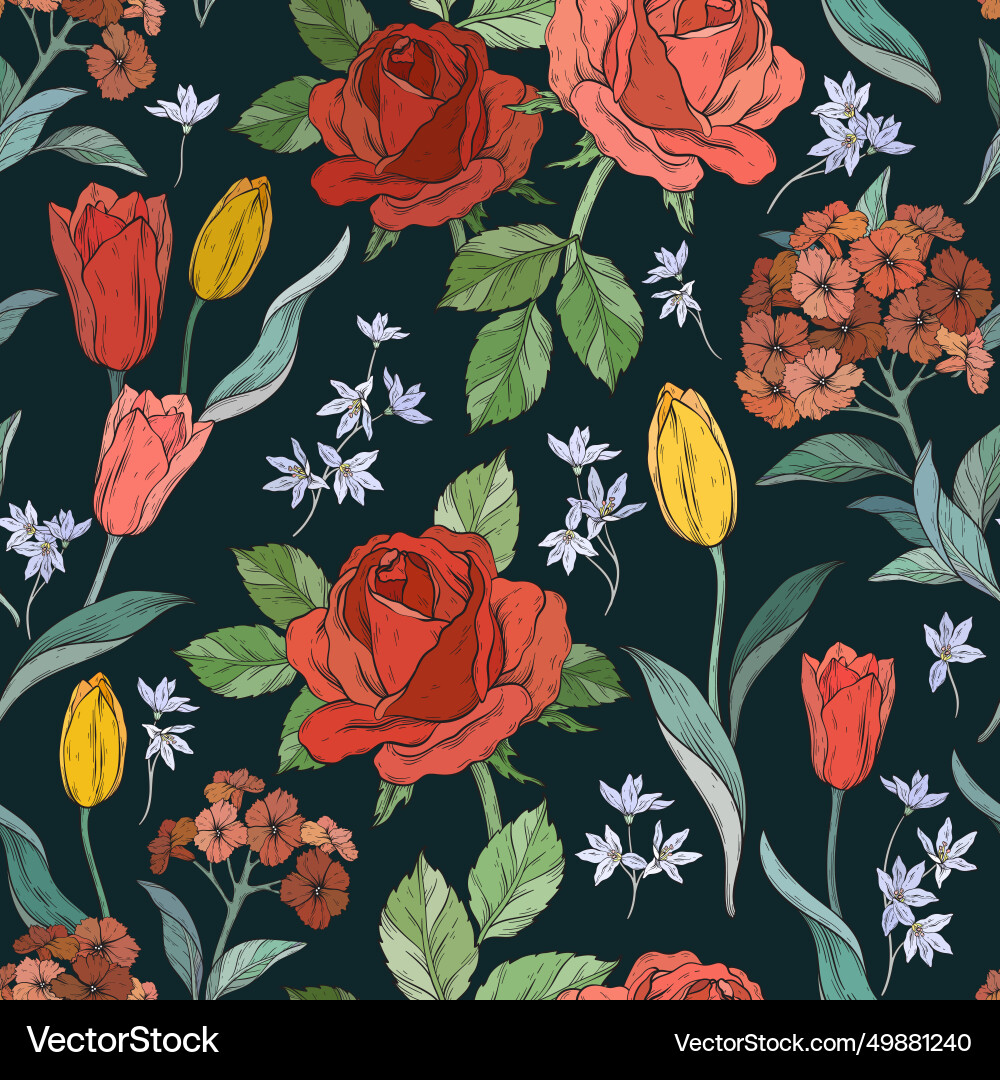 Graphic pattern roses and tulips on dark blue Graphic pattern roses and tulips on dark blue Vector Image