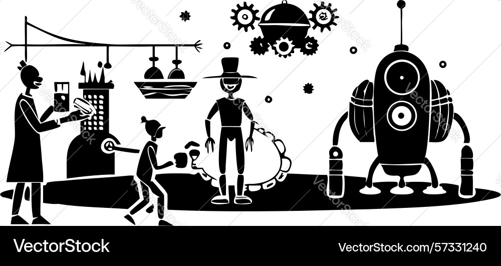 Robotic engineers assembling an ai robot design vector image