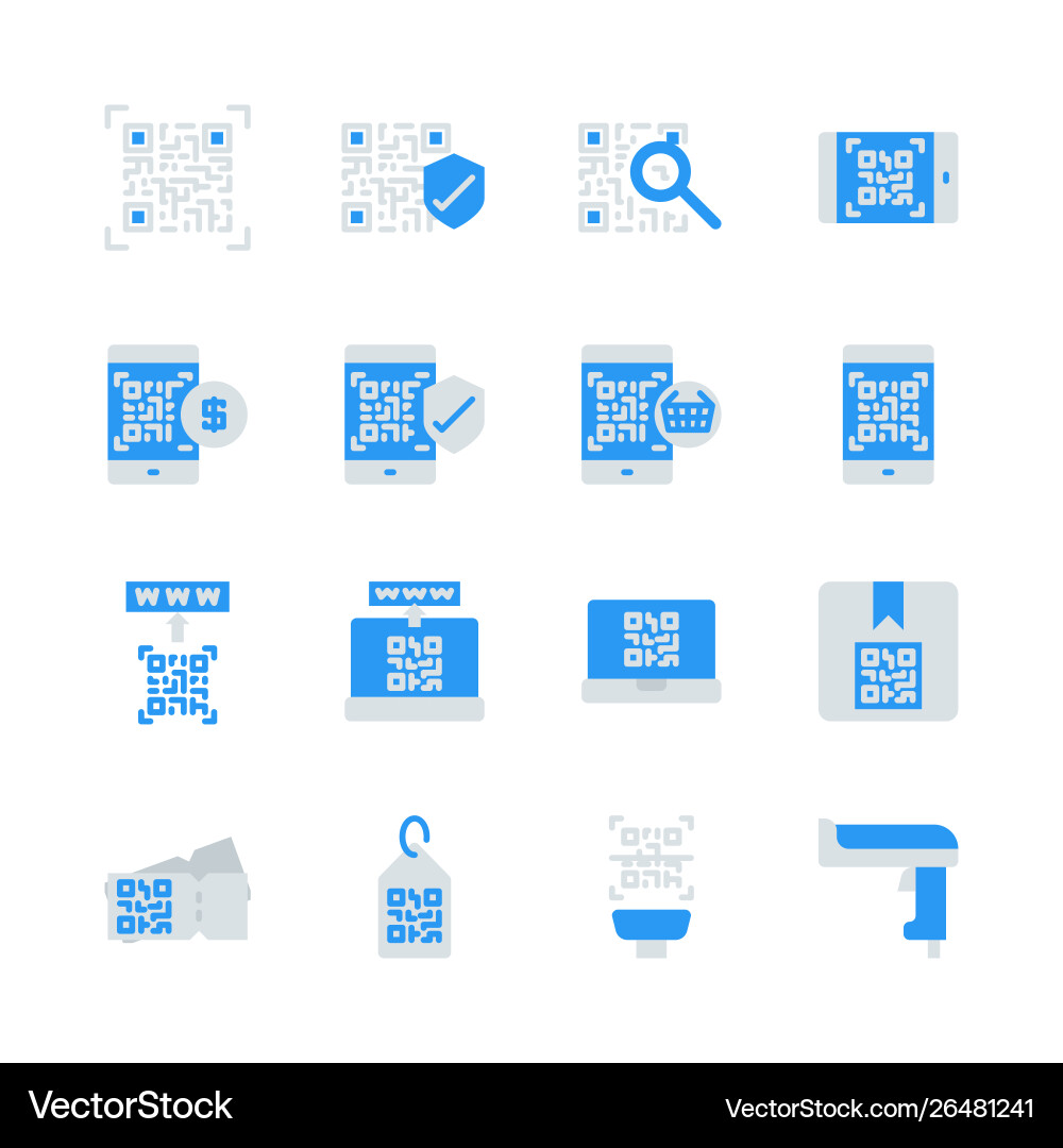 Qr code related in flat icon set Qr code related in flat icon set Vector Image