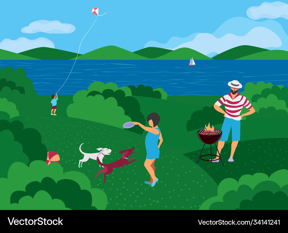 Sommerfamilie bbq picnic auf natur flach Sommerfamilie bbq picnic auf natur flach vektorbild