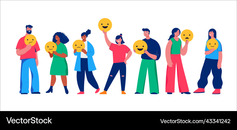 Leute die Emoji-Smiley-Ikone halten geben Bewertung Leute die Emoji-Smiley-Ikone halten geben Bewertung vektorbild