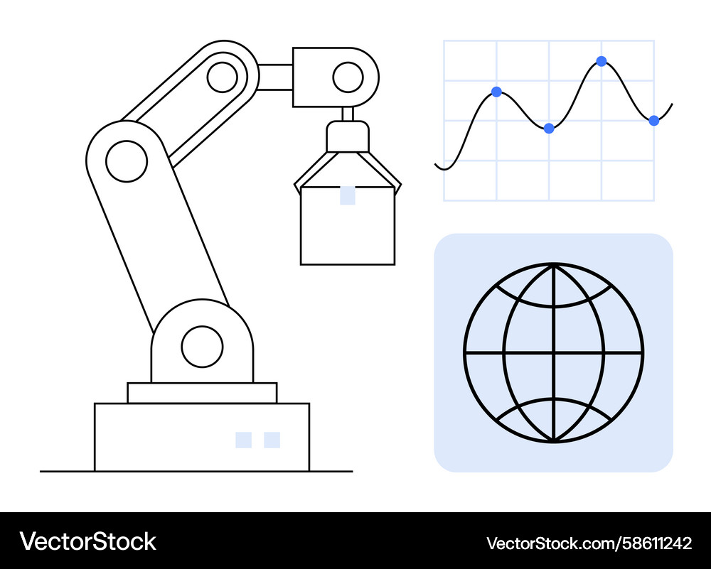 Robotic arm with data graphs and globe Robotic arm with data graphs and globe Vector Image
