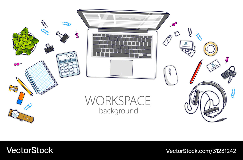 Work desk workspace top view with laptop computer Work desk workspace top view with laptop computer Vector Image