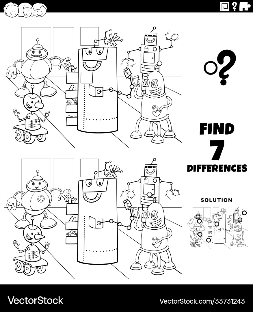 Differences educational game with robots coloring Differences educational game with robots coloring vector image